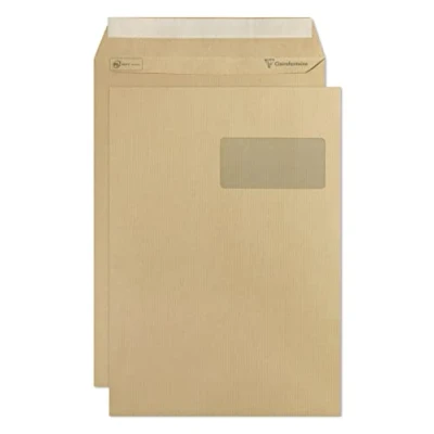 Abbildung von Clairefontaine 10350C Karton mit 250 Versandtaschen Rillen Kraftbraun C4 229x324 mm, selbstklebend, 90g, Sichtfenster 50x100 (50/20), 1