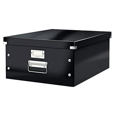 Abbildung von Leitz Click &amp; Store Aufbewahrungsbox mit Deckel Groß, Box für Unterlagen bis A3 im Büro oder Haushalt, Transportbox aus 85 % recycelter Premium Hartpappe, Stabile Metallgriffe, Schwarz, 60450095