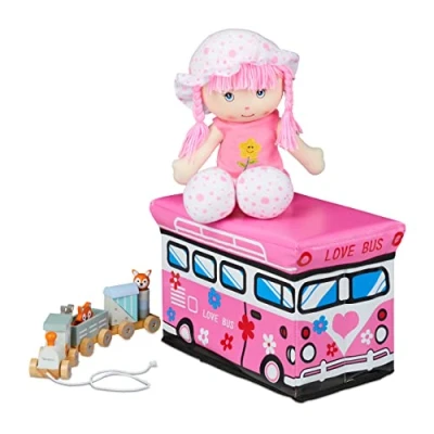 Abbildung von Relaxdays Spielzeugkiste faltbar, Pinker Bus, Aufbewahrungsbox mit Stauraum &amp; Deckel, gepolstert, 27 x 40 25 cm, rosa, 1 Stück