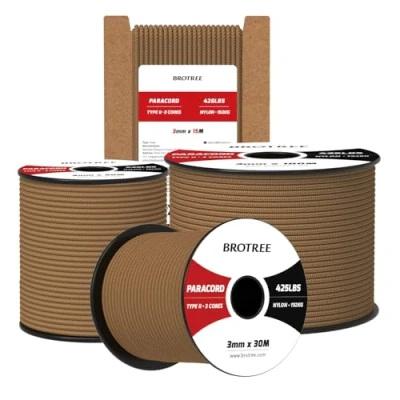 Abbildung von Brotree Paracord 3mm 30M 100% Nylon Seil Schnur Typ II 425 mit 3 Kern für Survival, Outdoor, Armband, Basteln Bruchlast 192kg (Kojote Braun)
