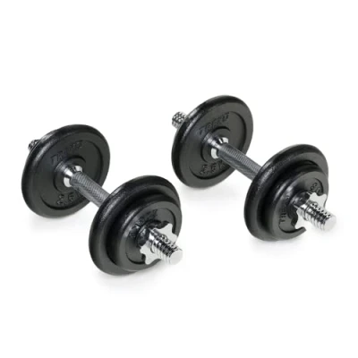 Abbildung von TREXO Set bestehend aus Stahlhanteln mit Gewinde und Scheiben einem Gesamtgewicht von 20 kg in Koffer 8 gummierten GusseisenScheiben für das Krafttraining zu Hause DK20
