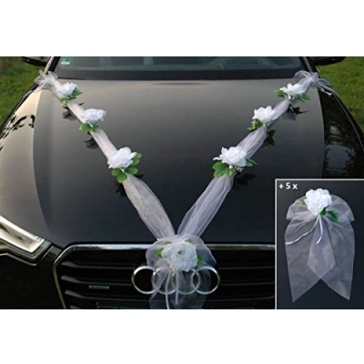 Abbildung von Organza M + Schleife Auto Schmuck Braut Paar Rose Deko Dekoration Autoschmuck Hochzeit Car Wedding Ratan Girlande PKW … (Reinweiß Weiß)