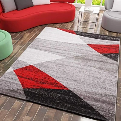 Abbildung von VIMODA Teppich Geometrisches Muster Meliert in Rot Grau Weiß Schwarz Kurzflor Wohnzimmer, Maße:160x220 cm