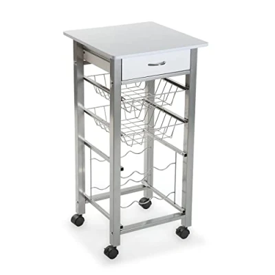 Abbildung von Versa Leicester Küchenwagen mit Rädern, Schubladen und Flaschenregal, Gemüsehändler, Küchenablage, Maßnahmen (H x L B) 82 40 cm, Holz Metall, Farbe: Weiß