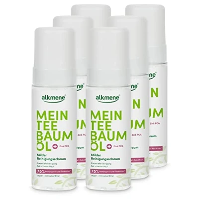 Abbildung von alkmene Mein Teebaumöl Reinigungsschaum Gesicht 6x 150 ml Pickel Reduktion 75% bestätigt naturreines Teebaumöl, vegan &amp; klimaneutral Gesichtsreinigungs Schaum für unreine Haut Waschschaum