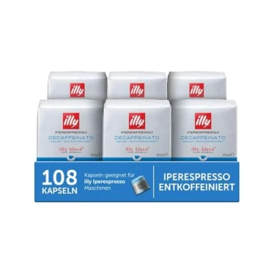 Abbildung von illy, Iperespresso Kapseln ENTKOFFEINIERT, 100 % Arabica mit Noten von Karamell, Schokolade und Geröstetem Brot, Koffeinfrei, Harmonischer Geschmack, 6 Packungen à 18 (Insgesamt 108 Kapseln)