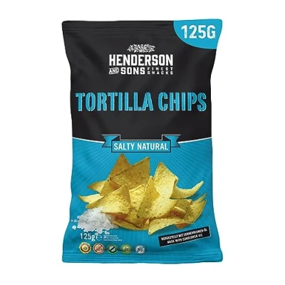 Abbildung von HENDERSON AND SONS Tortilla Chips Salty Natural 1 x 125 Gramm Beutel Gesalzene Mais Tortillas Perfekter Snack für Sportabende wie American Football oder Fußball