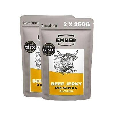 Abbildung von Ember Snacks Biltong Snack (2x250g Original) aus britischem und irischem Rindfleisch hoher Eiweißgehalt Geschmacksrichtung