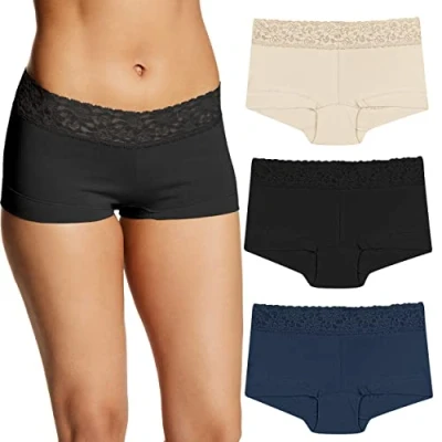 Abbildung von Maidenform Damen Underwear, Stretch Cotton Boyshort Panties for Women, Assorted, 3 Pack Slips für Jungen, Latte Lift/Schwarz/Marineblau, M (3er Pack)