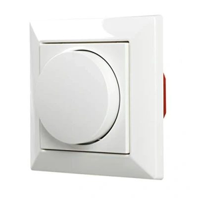 Abbildung von EHMANN 5591x0100 T55.01 Universaldimmer Comfort mit Abdeckung, Drehknopf, Zentralplatte (55x55) und Einfachrahmen, weiß ähnlich RAL9016, LED 3 100W, 7 220W/VA