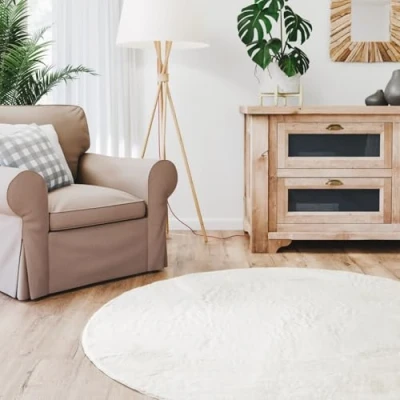 Abbildung von Interiyou Hochflorteppich Fargo 200x200 cm Rund Creme Flauschiger Fellteppich aus Kunstfell waschbar und rutschfest weicher Langflor Fell