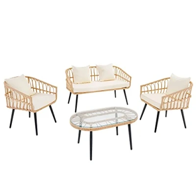 Abbildung von riess ambiente Sitzgruppe PARIS natur / schwarz · inkl. Wechselbezügen (grau creme), (Set, 4 tlg), Gartenmöbel Rattan Lounge Terrasse Balkon Tisch Outdoor
