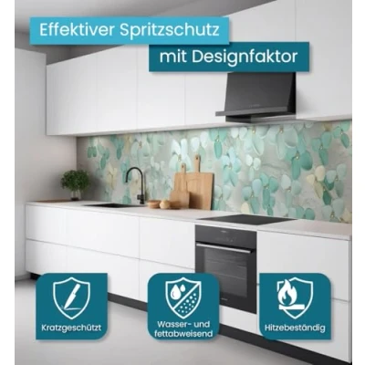 Abbildung von MyMaxxi Selbstklebende Küchenrückwand Folie ohne Bohren Motiv Abstrakt blühender Baum weiß türkis 60cm hoch Klebefolie Wandbild Küche Wand Deko Blüten Blumen Pflanze 60 x