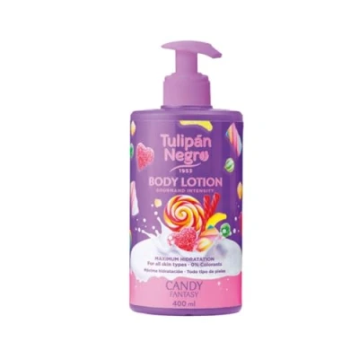Abbildung von Tulpe Black Body Lotion mit Dosierer Candy Fantasy, maximale Feuchtigkeitszufuhr 400 ml, intensiv parfümiert und für alle Hauttypen