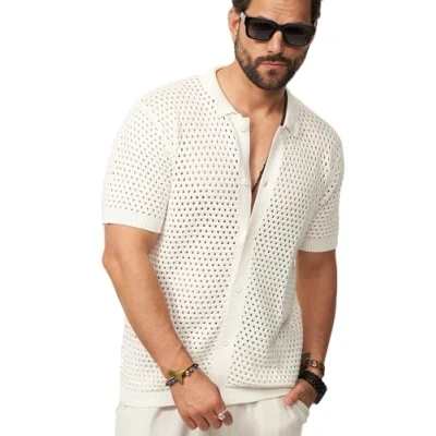 Abbildung von Soulstar Herren Poloshirt Crochet Kurzarm Cardigan Knit Strick Polo T Shirt Freizeit Männer Hemd Men&#039;s Sommer Fit S2_Balm Ecru M
