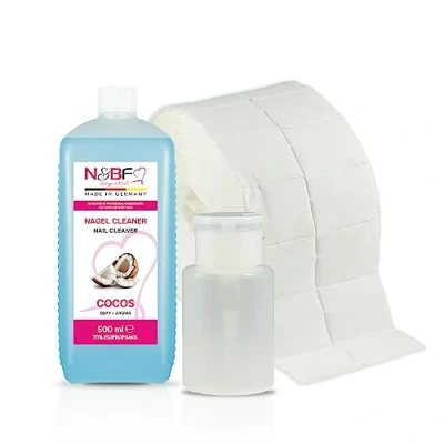 Abbildung von NAILS FACTORY N&amp;BF Nagel Cleaner Set mit Duft 500ml + Dispenser Pumpflasche Weiss 150ml 1000 Zelletten Cellulose Pads (2 Rollen à 500 Stück) 70% Isopropanol Alkohol Nagelreiniger (Kokosnuss)