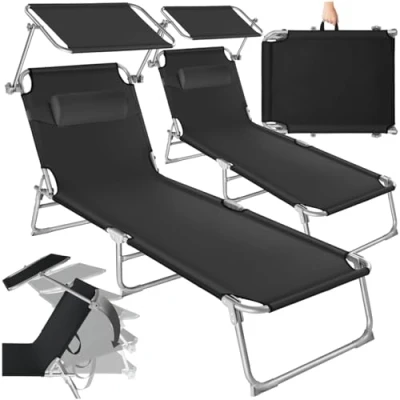 Abbildung von tectake 2er Set Sonnenliege leicht und klappbar, leichte Liege für Camping Garten, Perfekter Liegestuhl mit Dach, transportable zusammenklappbar Griff