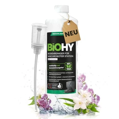 Abbildung von BiOHY Bodenreiniger für Wischroboter Station mit Frühlingsduft (1l Flasche) + Dosierer Reinigungsmittel Konzentrat alle Wisch &amp; Saugroboter Nass Funktion Schaumarm Streifenfrei