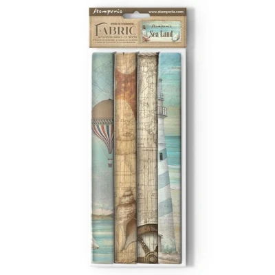 Abbildung von Stamperia Fabric for Scrapbooking, Albums, Bullet Journals, and More, Polyester, Can be Sewn by Hand or Machine, Suitable Craft Glue, Perfect Hobbies, Crafts, Gifting (Sea Land) (4 Pack)