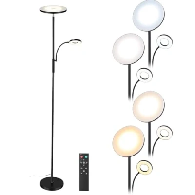 Abbildung von Lunartec LED Stehlampe Wohnzimmer: mit Leselampe, Fernbedienung, 2.800 lm, dimmbar, schwarz (Stehlampe Wohnzimmer Design, dimmbar)