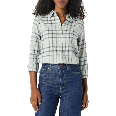 Abbildung von Amazon Essentials Damen Leichtes, Langärmeliges, Kariertes Flanellhemd, Klassischer Schnitt, Schwarz Grau Karomuster, M