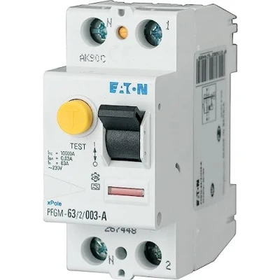 Abbildung von EATON 264286 PFGM 63/2/003 Schalter Weiß Schwarz 2 Pole / 63 A 30 mA Typ AC Schraubverbindung