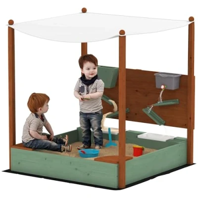 Abbildung von AIYAPLAY Sandkasten mit Sitzfläche, 2 Behältern, Sand und Wasserspielzeug, Eimer, (Sandkiste aus Holz, 1 tlg., 116 x 112,5 cm Sandbox Dach), für 3 6 Jahre Kinder Grün