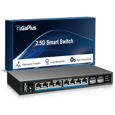 Abbildung von 10 Port 2.5Gb Unmanaged Ethernet Switch mit 8* 2.5G Base T Ports, 2* 10G SFP+ Ports. GiGaPlus 2.5Gbps Netzwerk für NAS/PC, WiFi6 Router, Wireless AP. Lüfterloses Design, Plug and Play