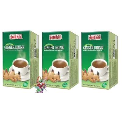 Abbildung von yoaxia ® 3er Pack [ 3x 180g (10x18g) ] GOLD KILI Instant Ingwergetränk / Ginger Drink + ein kleines Glückspüppchen Holzpüppchen