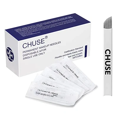 Abbildung von CHUSE Nano Microblading Nadeln, gebogen, 50 Stück, 0,18 mm, permanentes Make up, manuelles Augenbrauen Tattoo Nadel, 14 Stück