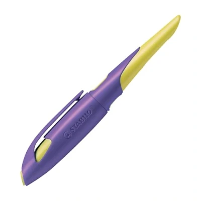 Abbildung von Ergonomischer SchulFüller für Rechtshänder mit Standard Feder M STABILO EASYbirdy in violett/gelb inkl. Patrone blau (löschbar)