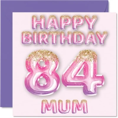 Abbildung von Stuff4 Geburtstagskarte zum 84. Geburtstag für Mama rosa &amp; lila Glitzerballons Happy Birthday Karten 84 Jahre alte Mutter, Mutter vom Sohn, Tochter, 145 mm x