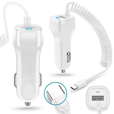 Abbildung von Kfz Auto Ladekabel kompatibel mit Samsung Galaxy A55 A35 A54 A53 A34 A33 A25 A24 A15 A14 A13 A04 A05 5G Ladegerät Adapter Lade Daten Gerät 3,1A 15W Dual Ladeadapter, Farbe:Weiß
