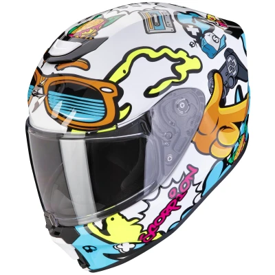Abbildung von Scorpion EXO JNR Fun weiß blau Kinder Motorradhelm ECE 22.06 mit AirFit System und Pinlock, M 50/51