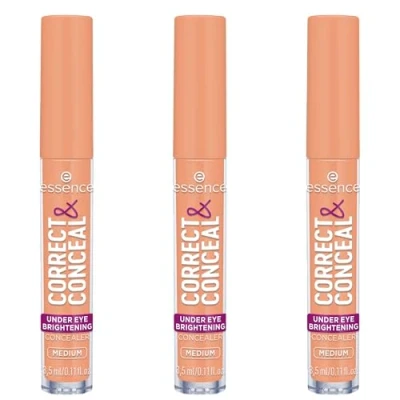 Abbildung von essence CORRECT &amp; CONCEAL under eye brightening concealer, Nr. 20, Nude, aufhellend, farbkorrigierend, natürlich, für sensible Haut, vegan, ölfrei, ohne Parfüm, Alkohol, 3er Pack (3x3.5ml)