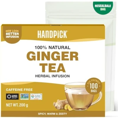 Abbildung von HANDPICK Ingwer Kräutertee 100 Umweltfreundliche Runde Teebeutel Koffeinfrei &amp; Nicht GVO Aus 100 % Reiner Ingwerwurzel Würzig Milder Geschmack Vakuumversiegelt für Frische