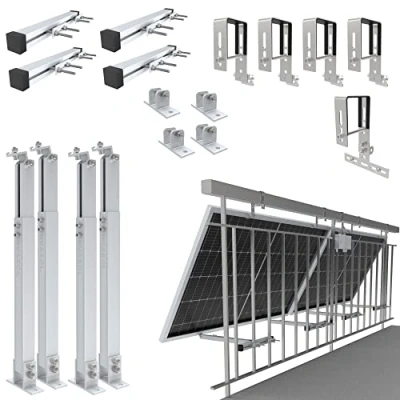 Abbildung von NuaSol Balkonkraftwerkhalterung Geländer Befestigung für 2 Solarmodule und ein Wechselrichter Photovoltaik Eckig Set Neigungswinkel 0 &amp; 25 45 Geländerbreite bis 80x80mm Silber