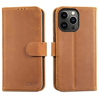 Abbildung von LENSUN Echtleder Hülle für iPhone 13 Pro, Handyhülle [Echtes Leder][Magnetverschluss][RFID Schutz] Handytasche Lederhülle Klappbar Pro 5G Vintage Braun
