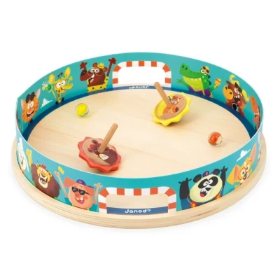 Abbildung von Janod Kreisel Arena Applepop Geschicklichkeitsspiel für Kinder 1 + 2 mit Startvorrichtung Glasmurmeln Handgeschicklichkeit Spielzeug aus FSC Holz Ab 4 Jahre, J03355