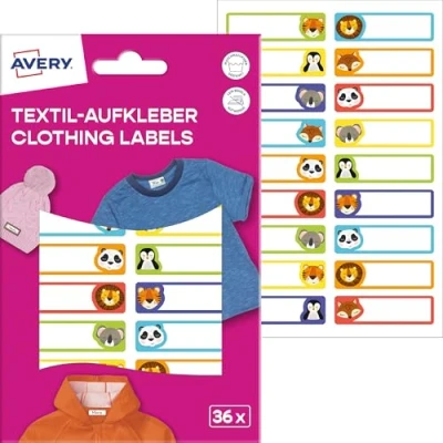 Abbildung von AVERY Zweckform ETVET36A Namensaufkleber Tiere wasserfest Kleidung 36 Stück (13x45mm, Vinyl Folie, selbstklebende Textil Etiketten, beschriftbare Textilaufkleber, für Waschmaschine, Trockner) bunt
