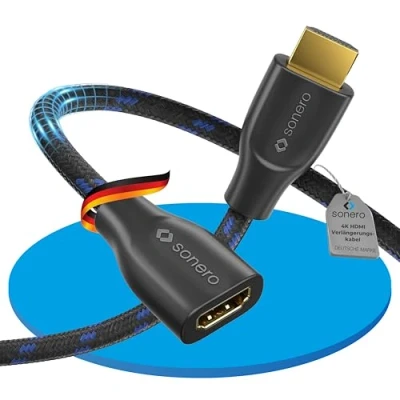 Abbildung von Sonero® 4K HDMI Verlängerungskabel, Premium High Speed, 60Hz, Stecker auf Buchse, vergoldete Kontakte, zweifache Abschirmung, Baumwollmantel, 1,50m