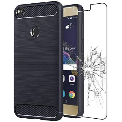 Abbildung von ebestStar Hülle für Huawei P8 Lite 2017, Silikon Handyhülle Cover, Carbon Fiber Texture Schutzhülle, Dunkelblau + Panzer Schutz Glas