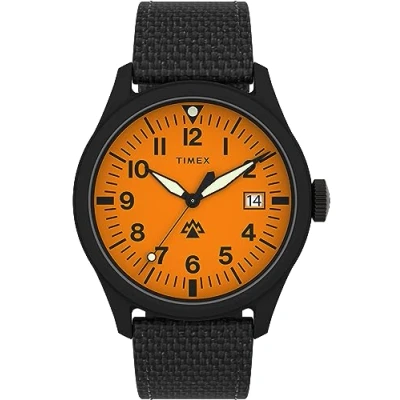 Abbildung von Timex Herren Armbanduhr Expedition North, 43 mm, braunes, umweltfreundliches, zweiteiliges Armband mit Schnellverschluss, oranges Zifferblatt, braunes Gehäuse TW2W23700