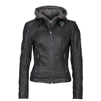 Abbildung von Gipsy Cacey Damen Lederjacke Schwarz mit Kapuze Echtleder Tailliert (S, Schwarz)