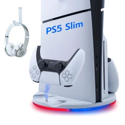 Abbildung von Wigearss PS5 Slim Vertikaler Ständer Standfuß mit Dual Controller Ladegerät, RGB Licht für DE/UHD