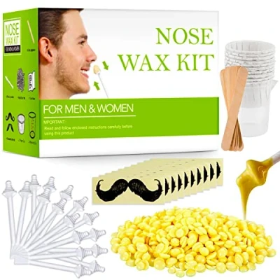 Abbildung von Nose Wax Kits Nasenwachs Set für Männer und Frauen, Nasenhaarentfernungswachs mit 100g Nasenhaarwachs,20 sichere Applikatoren, 10 Holzapplikatoren, Behälter Schnurrbartschablonen