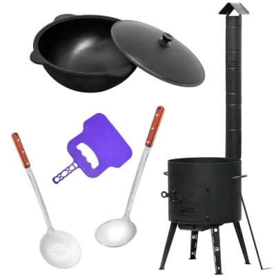 Abbildung von 4BIG.fun Feuerstelle Ø44 Uchag Utschak mit Abzugsrohr 16L Kazan Eben, (2mm stahl Utschag Uchak Kasan Учаг Казан Außenküche Eintopfofen), Grillfächer Schaumkelle Suppenkelle