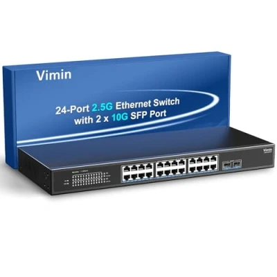Abbildung von 26 Port 2,5G Unmanaged Netzwerk Switch, 24x 2,5Gbase T Ethernet Ports, 2X 10G SFP+, 120Gbps Switching Kapazität, Metallgehäuse, 19 Zoll Rack Montage, Geeignet für 2,5Gbps NAS, Wireless AP &amp; PC
