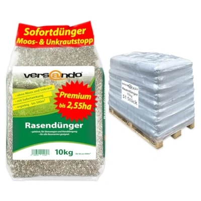 Abbildung von versando 510kg Rasendünger Frühjahr bis 2,55ha: verdrängt Moos und Unkraut für gesunden sattgrünen Rasen Frühjahrsdünger mit Langzeitwirkung 1/2 Palette 51x10kg Premium Qualität