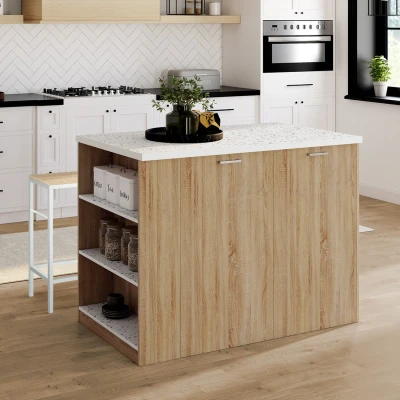 Abbildung von Mittelinsel aus Holz mit Terrazzo Arbeitsplatte IDMarket